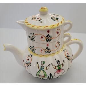 3 pc. Tea for One Hand-Painted Dutch Boy & Girl Pot Creamer Cup Lid Stacking